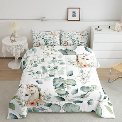 Erosebridal Kids Cute Animal Queen Comforter Set for Girls Boys Cartoon Unicorn Bedding Set Queen, Spring Eucalyptus Bedding Comforter Sets Floral Duvet Set, Kawaii Magical Animal Quilted Comforter