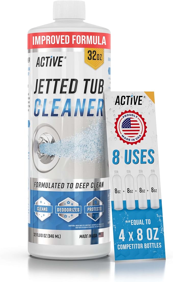 ACTIVE Jetted Tub Cleaner Bathtub Cleaning - 32oz (8 Uses) Bath Jet Cleaner For Whirlpool & Spa Bath System, Compatible with Jacuzzi Jets, Whirl Tubs, Professional Septic Safe Solution - Made in USA