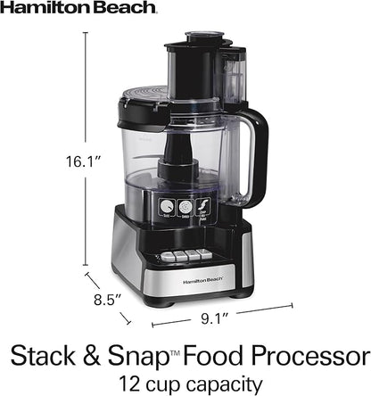 Hamilton Beach Stack & Snap Food Processor and Vegetable Chopper, BPA Free, Stainless Steel Blades, 12 Cup Bowl, 2-Speed 450 Watt Motor, Black (70725A)
