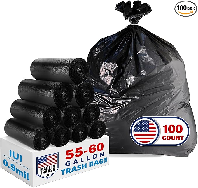 Heavy Duty Trash Bags 55-60 Gallon, Black - 100 Count Bulk Pack | 38" x 58" | Durable & Tear-Resistant Garbage Bags for Home, Commercial, Construction & Outdoor Use | Made in USA