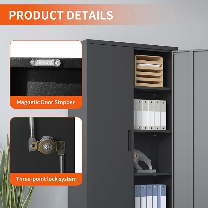 Metal Storage Cabinet with Adjustable Shelves, Garage Tool Cabinet with 2 Lockable Doors for Office, Home, Garage, Require Assembly, Black