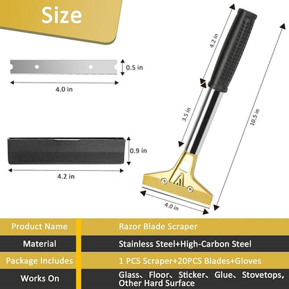 Razor Blade Scraper,Floor Scraper Tool with 20PCS Extra Blades,Paint Scraper Ideal for Cleaning Stove Top,Windows,Glass,Tiles,Wall,Labels.(4 in,Metal)