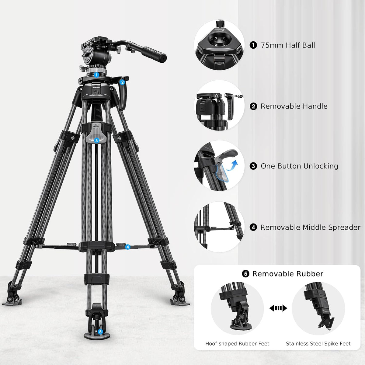 Heavy Duty Carbon Fiber Tripod with Fluid Head, One-Step Unlock System, with Removable Handle and Center Spreader, MaxLoad 8 KG/17.64 LB, Balanced Load 3 KG/6.61 LB (LVF-163C+BV-15)