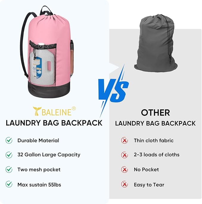 BALEINE 120L Laundry Bag Backpack, 900D Oxford Fabric Large Travel Laundry Bags with Shoulder Straps and 2 Mesh Pockets for College Dorm, Apartment, Laundromat (Pink, 120L)