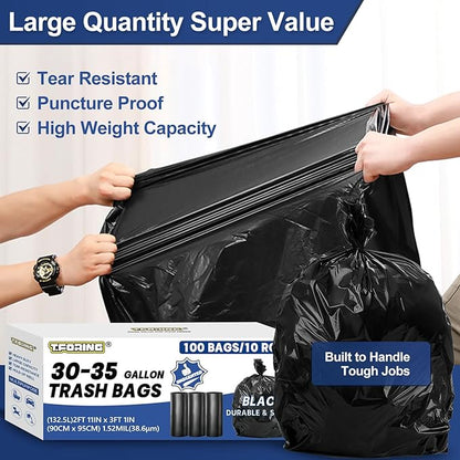 30-35 Gallon Trash Bags Heavy Duty 1.5 Mil - 35" x 37" 100 Count Large Black Garbage Bags 30+ Gallon Strong Plastic Trash Can Liners for Home Kitchen Commercial Lawn and Leaf