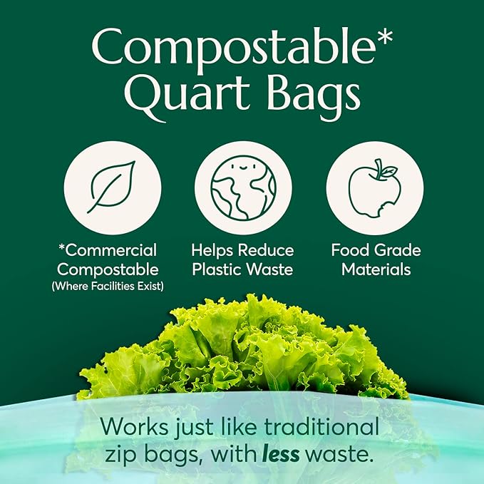 Cleanomic Compostable* Quart Size Food Storage Bags (25 Eco Zip) Freezer and Leak Proof, Also Available Gallon, Snack and Sandwich Size Bags