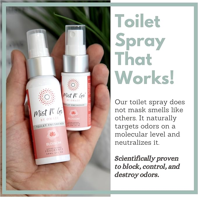 Mist N’ Go by Omaze Travel Bathroom Spray for Toilet Spray Odor Eliminator - Travel Toilet Spray for Bathroom Air Freshener Spray for Bathroom Deodorizer - Blossom Travel Size (1oz x1)