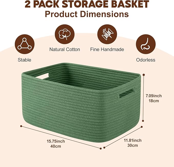 OIAHOMY Storage Basket for Shelves, Closet Cube Storage Bins Baskets for Clothes Blanket Towels, Baby Nursery, Toy Baskets Box, Woven Rope Basket, 15.75*11.81*7.09 IN, 2 Packs Olive Green