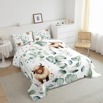 Erosebridal Boys Cartoon Animal King Size Comforter Set for Kids Toddler Kawaii Cow Bedding Set, Highland Cattle Bull Down Comforter Western Cowboy Bed Set, Botanical Green Eucalyptus Quilted Duvet