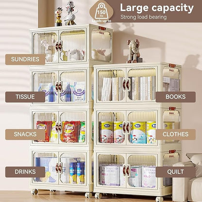 Multi-Purpose Stackable Plastic Storage Bins with Wheels & Lids - Space-Saving Foldable & Collapsible Organizers for Home, Pantry, Office, Dorm, Craft Room & Closet (4 Layers)