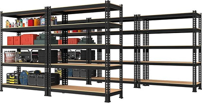 PrimeZone Storage Shelves 5 Packs 5 Tier Adjustable Garage Storage Shelving, Heavy Duty Metal Storage Utility Rack Shelf Unit for Warehouse Pantry Closet Kitchen, 28" x 12" x 59", Black