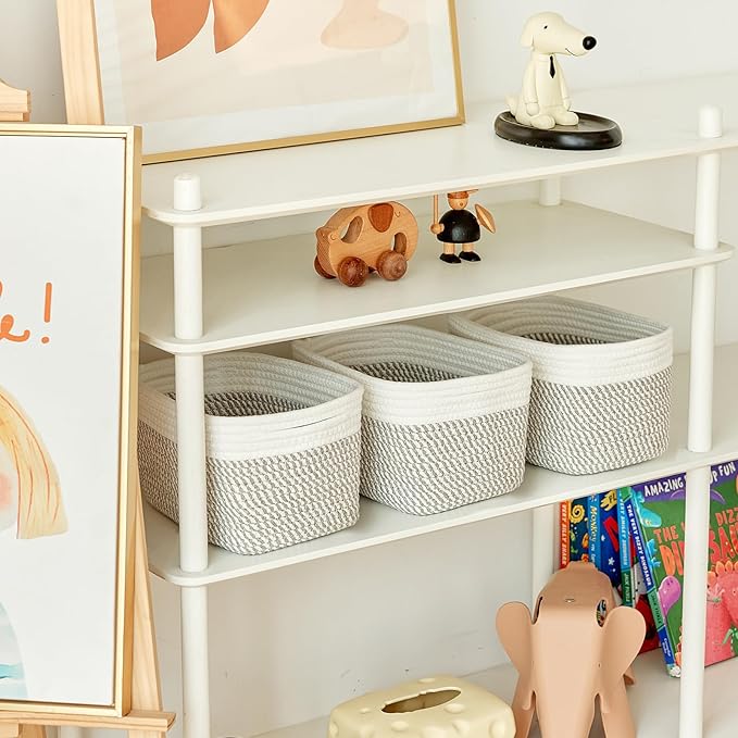Small Cotton Rope Basket – Storage Bin for Organizing (10.6" x 6.7" x 6.7"), Bathroom Storage Basket for Shelf, Counter & Closet（White & Mixed Grey）