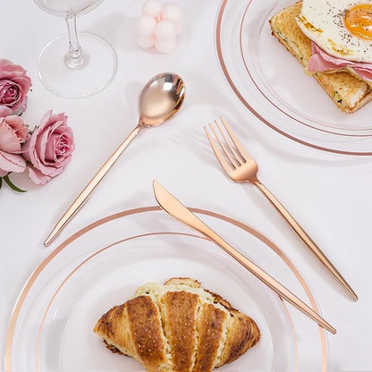 PULOTE 300PCS Rose Gold Plastic Silverware Set - Heavy Duty Rose Gold Utensils Set - Plastic Cutlery Disposable - Include 100 Knives,100 Forks and 100 Spoons for Party & Wedding