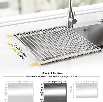 Tomorotec 17.7" x 15.5" Roll Up Dish Drying Rack Over Sink Drying Rack Sink Cover Kitchen Sink Accessories Gadget Multipurpose Organizer Foldable Stainless Steel Drainer