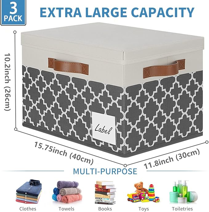 GhvyenntteS Extra Large Storage Bins with Lids, Foldable Fabric Storage Boxes with Lids and 3 Handles, Storage Baskets with Label for Home Office (3 Pack, White&Lattice Grey, 15.75x11.8x10.2)