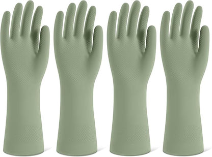 Rubber Cleaning Gloves for Dishwashing, 4 Pairs Reusable Kitchen Gloves for Washing Dishes and Household Cleaning, Green Dish Gloves with Flocked Lining and Non-Slip Grip, Pefect for Woman Men - L