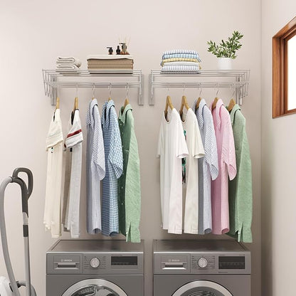 X-cosrack Wall Mounted Clothes Drying Rack, 31.9" Wide Large Rustproof Retractable Laundry Drying Rack, 8 Bar Space-Saving Aluminium Alloys Clothing Hanger Drying Racks forLaundry (Silver)