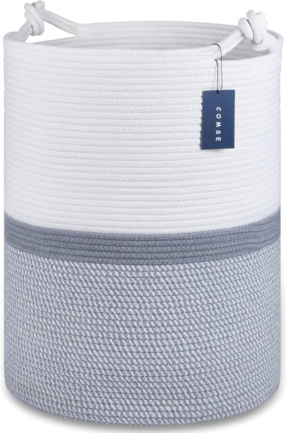 COMSE Extra Large Blanket Basket, Tall Woven Storage Basket, Nursery Hamper, 15.7”x 21.7”, Cotton Rope Laundry Hamper for Toys Clothes Towels, Blend White/Gray