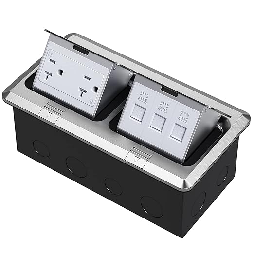 KYHSHJ Dual Pop-Up Floor Electrical Outlet Box Kit，20 Amp Stainless Steel TR Tamper-Resistant Duplex Receptacle，3-Port RJ45 Datacom Receptacle，Silver