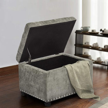 Joveco Storage Ottoman Foot Rest Stool, 24" Velvet Footstool Bench for Living Room Bedroom, Light Grey