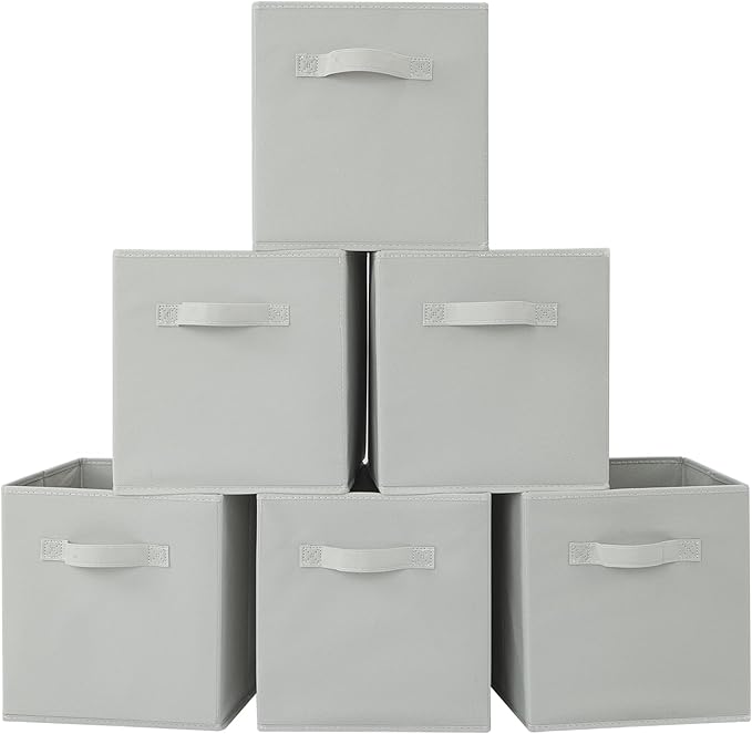 Stero Fabric Storage Bins 6 Pack Fun Colored Durable Storage Cubes with Handles Foldable Cube Baskets for Home, Kids Room, Closet and Toys Organization Gray