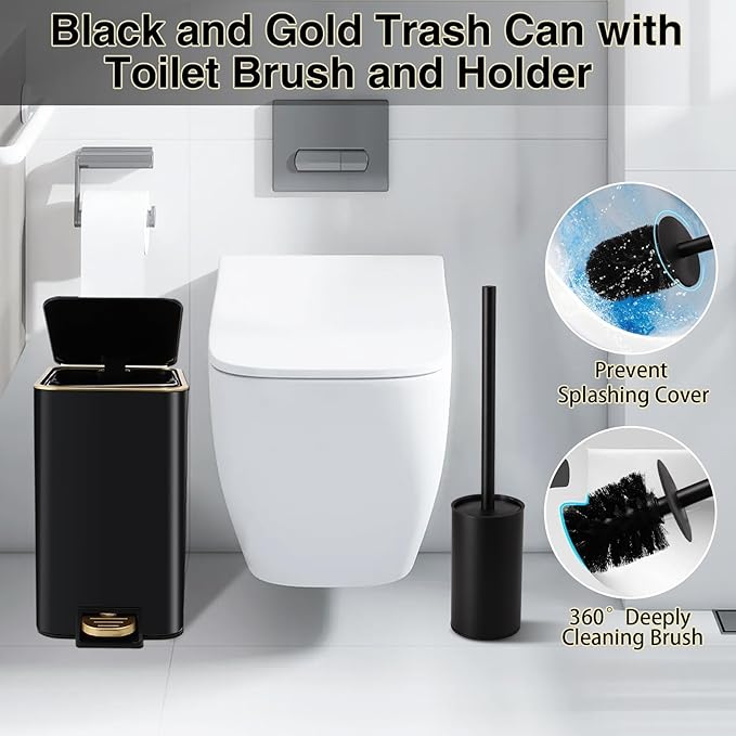Small Bathroom Trash Can with Lid Soft Close, 1.8 Gallon Stainless Steel Garbage Can with Removable Inner Bucket,Black Toilet Brush,75Count Trash Bags, Slim Step Pedal Trash Bins