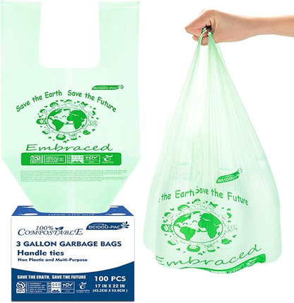 100% Compostable Trash Bags, 3 Gallon Compost Bags Small Kitchen Trash Bags with Handle, 100 Count Sturdy Biodegradable Garbage Bags Food Scrap Waste Bags, ASTM D6400, US BPI Certified