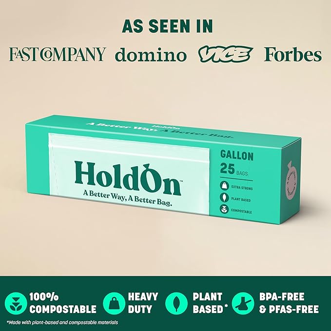 HoldOn HoldOn Zipseal Gallon Bags - Compostable, PFOA-Free, BPA-Free, Food-Safe Zip Seal Food Storage Bags/Freezer-Safe Gallon Bags With Secure Seal for Home & Travel (2-pack, 50 bags total)