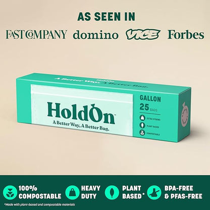 HoldOn HoldOn Zipseal Gallon Bags - Compostable, PFOA-Free, BPA-Free, Food-Safe Zip Seal Food Storage Bags/Freezer-Safe Gallon Bags With Secure Seal for Home & Travel (2-pack, 50 bags total)
