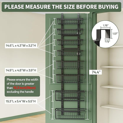 Over The Door Organizer，8-Tier Over The Door Pantry Organizer with Adjustable Baskets，Metal Hanging Pantry Organizers and Storage for Kitchen, Back of Door Seasoning Rack (Black)