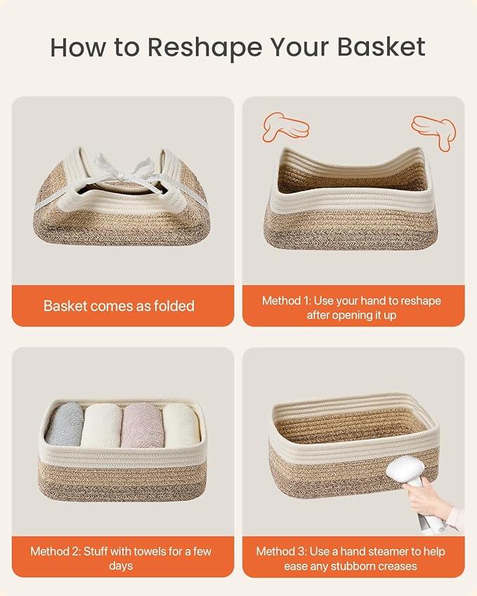 Small Woven Basket, 12 x 8 x 4.5 Inches, Storage Basket for Organizing, Cute Small Rope Shelf Closet Cube Storage Bins Baskets for Shelves, Dog Toy Gift Baskets Empty, 3 Pack Gradient Brown
