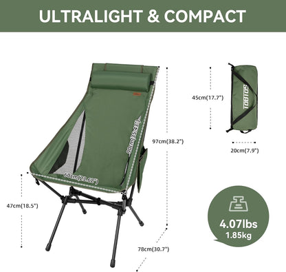 Portable High Back Camping Chair, Support Heavy Duty 440 lbs, Lightweight Folding Chair with Adjustable Pillow for Hiking, Beach, Backpacking