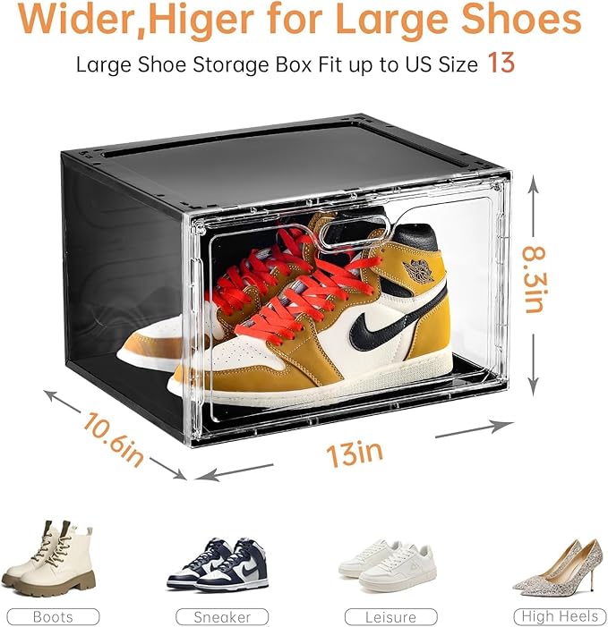 New 8 Pack Shoe Boxes Stackable, Large Shoe Storage Organizer with Lids,Drop Side Shoe Containers for Entryway,Sneaker Storage Fit up to US Size 13 for Men/Women(13’’x 10.6”x 8.3”)
