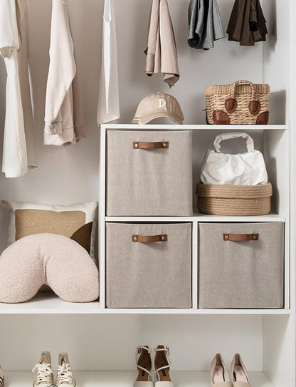 StorageWorks 13x13 Inches Storage Cube, Fabric Storage Bins with PU Handles, Collapsible Organizer Baskets for Closet, Brown and Beige, 6-Pack