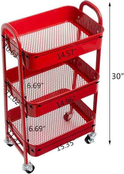 AGTEK Makeup Cart, Movable Rolling Organizer Cart, Red 3 Tier Metal Utility Cart