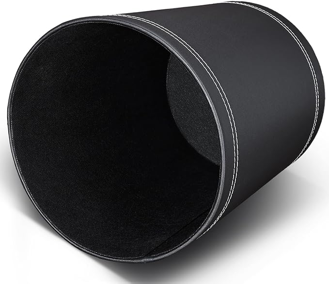 KINGFOM 3 Pack PU Leather Small Office Trash Can Wastebasket, Round Garbage Container Bin for Bathrooms, Powder Rooms, Kitchens, Home, Bedroom, High-Class Hotel, Black