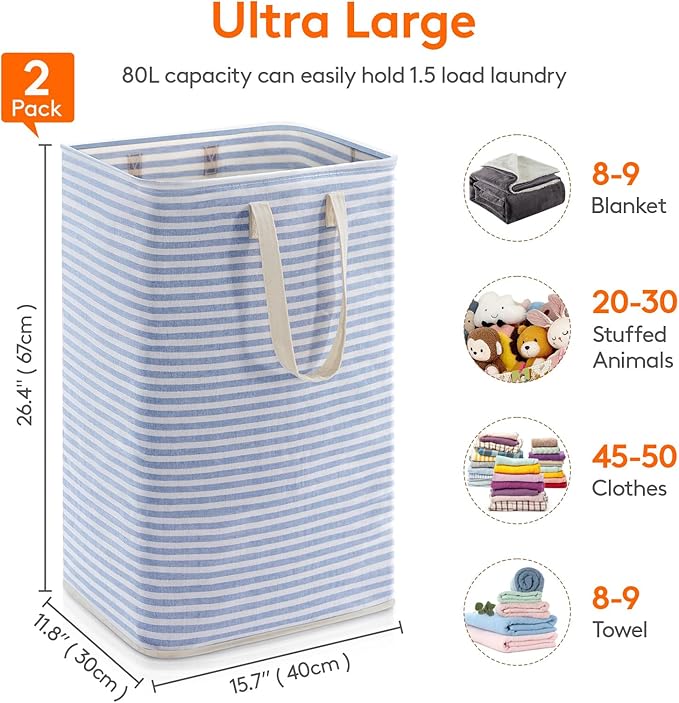 Lifewit 2 Pack Laundry Hamper Large Collapsible Laundry Basket, Freestanding Waterproof Cloth Hamper with Easy Carry Handles in Laundry Room Bedroom Bathroom College Dorm for Adult, Grey&Blue, 2 x 80L