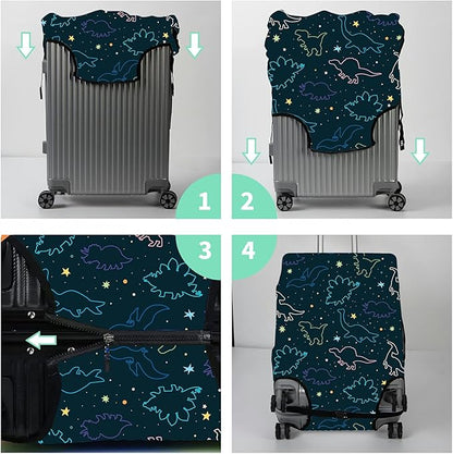 Luggage Cover Suitcase Protector Plus 1 Tag, Dinosaurs Space Travel Suitcase Cover for 18-20 inch Luggage (S) with Concealed Zipper Washable Elastic Cloth Dustproof Anti-Scratch