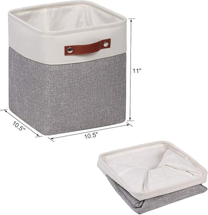 Univivi 10.5 Inch Fabric Cube Bins with Hard Bottom, 4 Pack Storage Baskets with PU Handles for Shelves Closet Foldable Storage Bins for Organizing (Gray,10.5" x 10.5" x 11")