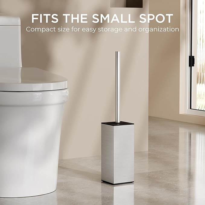 FORIOUS Toilet Brush and Holder Set, Heavy Duty 304 Stainless Steel Base Square and Long Handle for Bathroom Deep Cleaning, Drip-Proof, Space Saving for Storage, 2 Toilet Bowl Brush Head