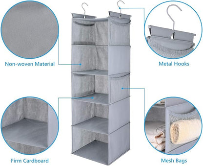 MAX Houser 5 Shelf Hanging Closet Organizer,Space Saver, Closet Hanging Shelves with (4) Side Pockets,Foldable,Light Grey