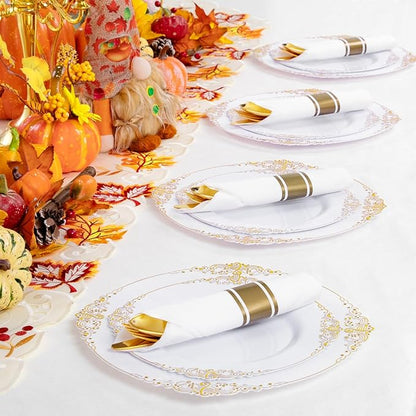 Liacere 400PCS Gold Plastic Silverware - Pre Rolled Napkins Disposable Gold Plastic Cutlery-Premium Quality Utensils-Includes 100Forks,100Knives,100Spoons,100Napkins&Wedding&Thanksgiving
