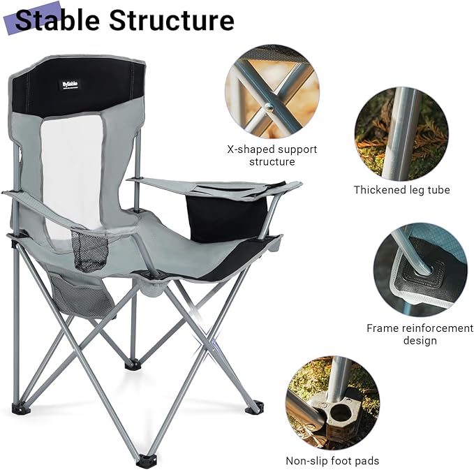 Camping Folding Chair Outdoor Lawn Portable Lightweight Camp Folding Chairs for Adult Outside with Cup Holder, Cooler Pouch & Side Pocket for Camping, Beach, Fishing, Sports or Tailgating Events