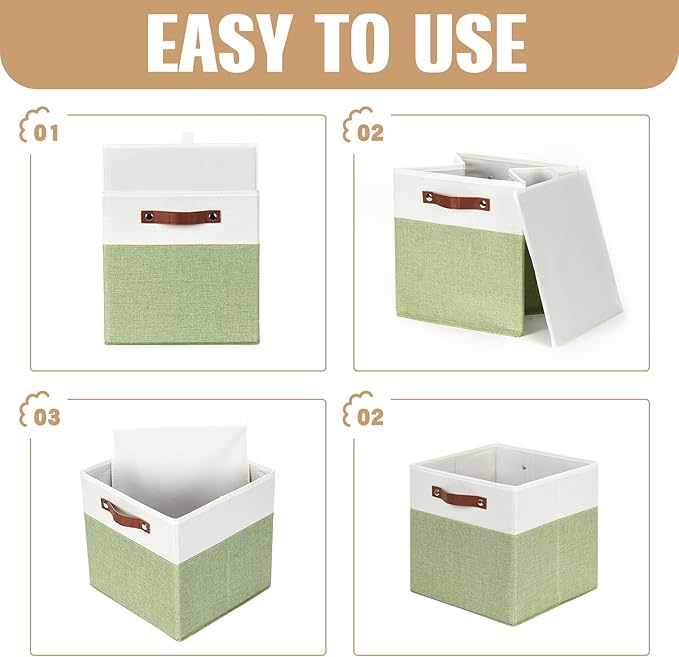 DULLEMELO Fabric Storage Cubes, 12x12 Storage Cube Bins for Organizing, Foldable Storage Baskets Square Cloth Bins for Cube Storage, Cube Organizer for Storage,White&Green