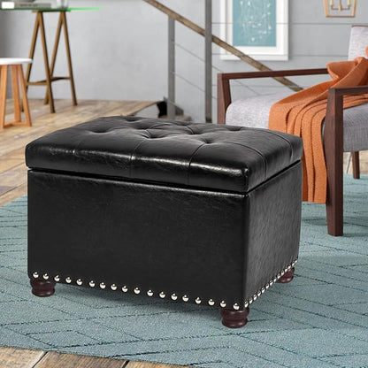 24'' Leather Storage Ottoman Rectangular Foot Rest Stool with Nailhead Trim Toy Chests & Storage Room Organizer for Bedroom Living Room(Black)
