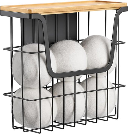 Magnetic Dryer Ball Holder - Black Basket for Laundry Room Organization and Storage with Bamboo Top - Magnetic Lint Bin Suitable for Washer and Dryer / Fridge / Whiteboard (No Balls)