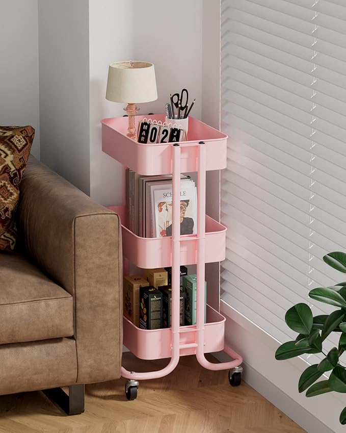 Pipishell 3-Tier Metal Rolling Utility Cart, Heavy-Duty Storage Cart with 2 Lockable Wheels, Multifunctional Mesh Organization Cart for Kitchen Dining Room Living Room (Pink)