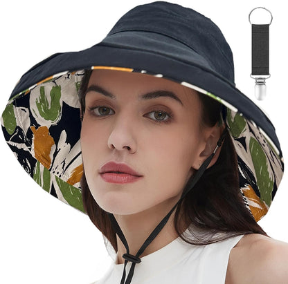 vidsel Womens Sun Hats Wide Brim Reversible Bucket Cotton Hat Packable Summer Travel Cap with Hat Clip,UV Protection