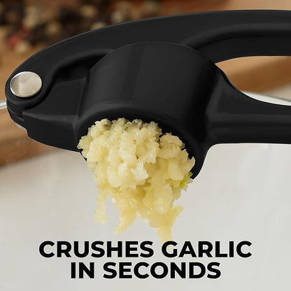 Zulay Kitchen Premium Garlic Press - Durable Garlic Masher with Soft, Easy to Squeeze Handle - Garlic Mincer Tool - Sturdy Easy to Clean Garlic Crusher (Black)
