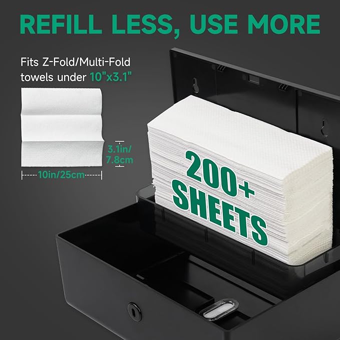 Wall-Mounted Paper Towel Dispenser – Fits Tri-Fold Towels up to 10x3.1 Inches, Holds 200 Sheets, Ideal for Home & Commercial Use (Black)